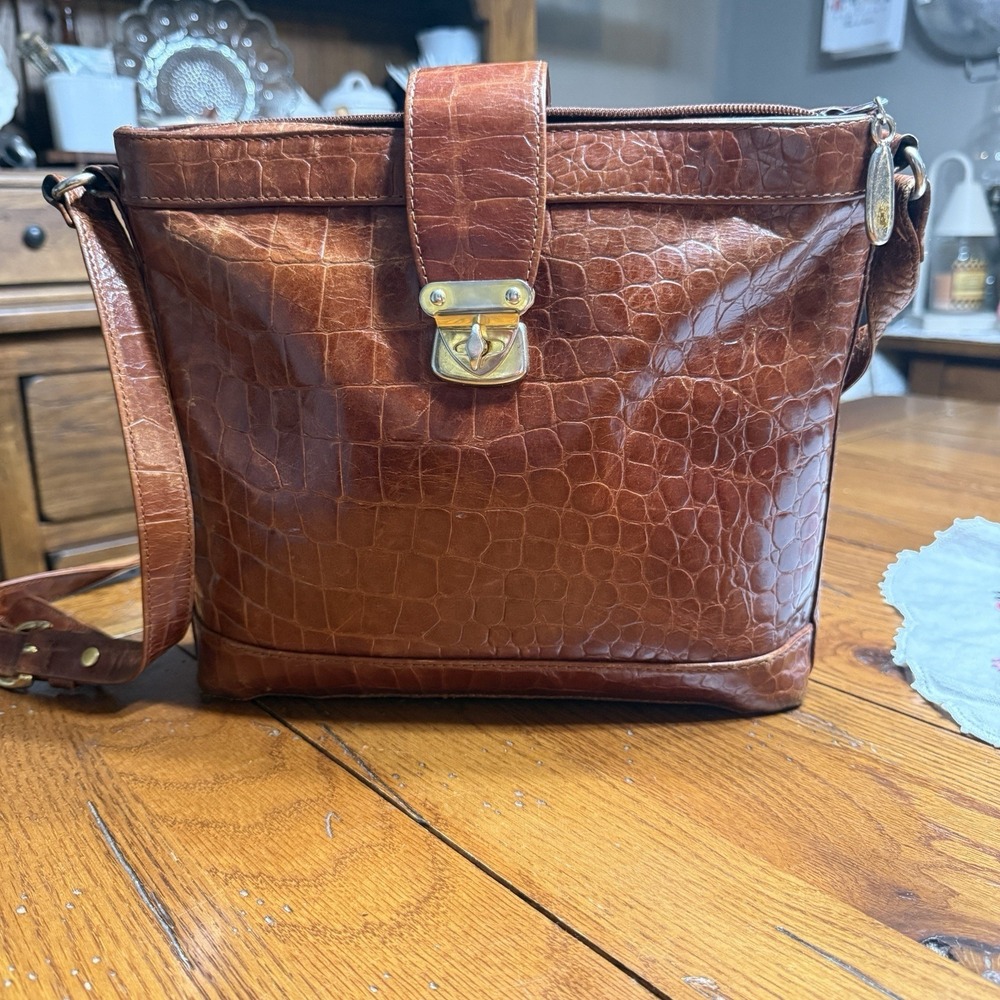 Talbots Leather Crocodile Pattern Brown Tote Bag Shoulder Purse With Strap